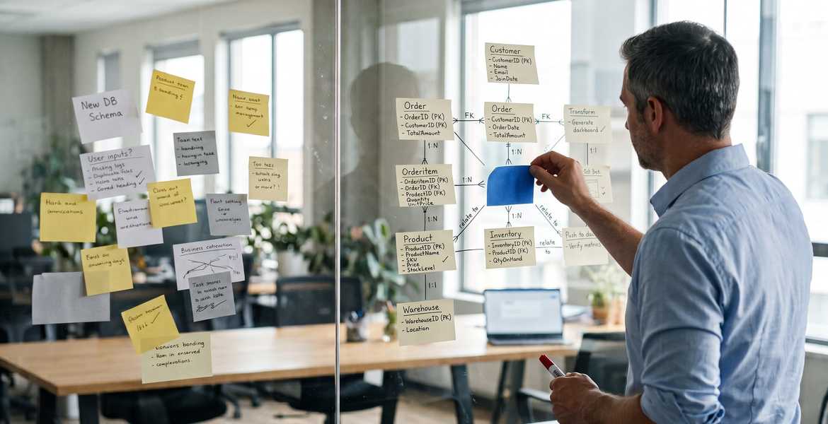 A man adds a sticky note to a data model mapped out on a glass wall, with tables like Customer, Order, Product and Inventory linked by relationships.