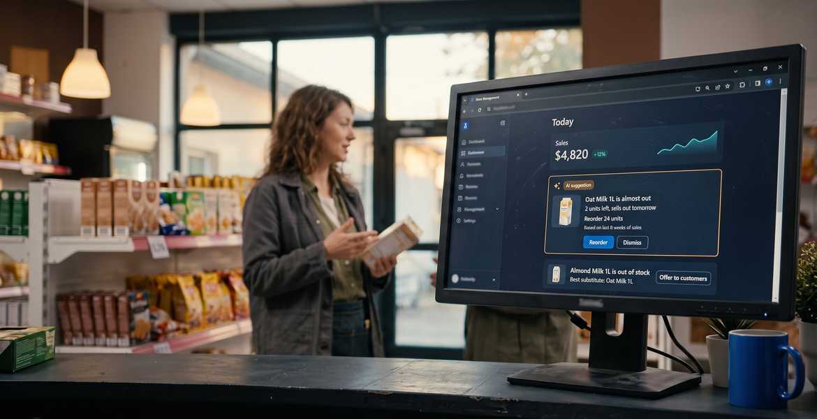 A shop owner holds a carton beside a store dashboard where an AI suggestion warns that Oat Milk 1L is almost out and offers to reorder 24 units.