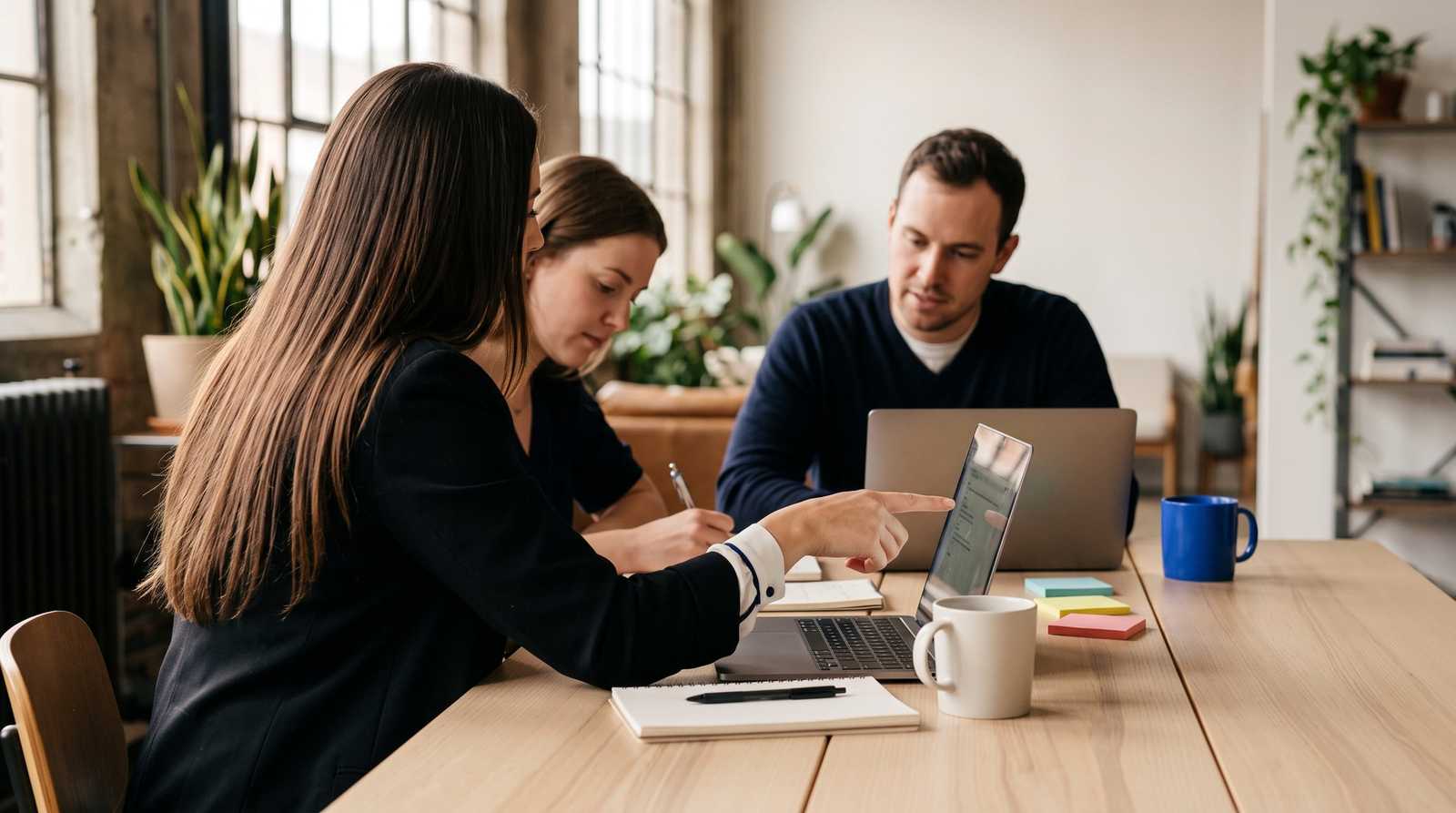 Three colleagues at a shared table with laptops; one points at a screen while another takes notes.